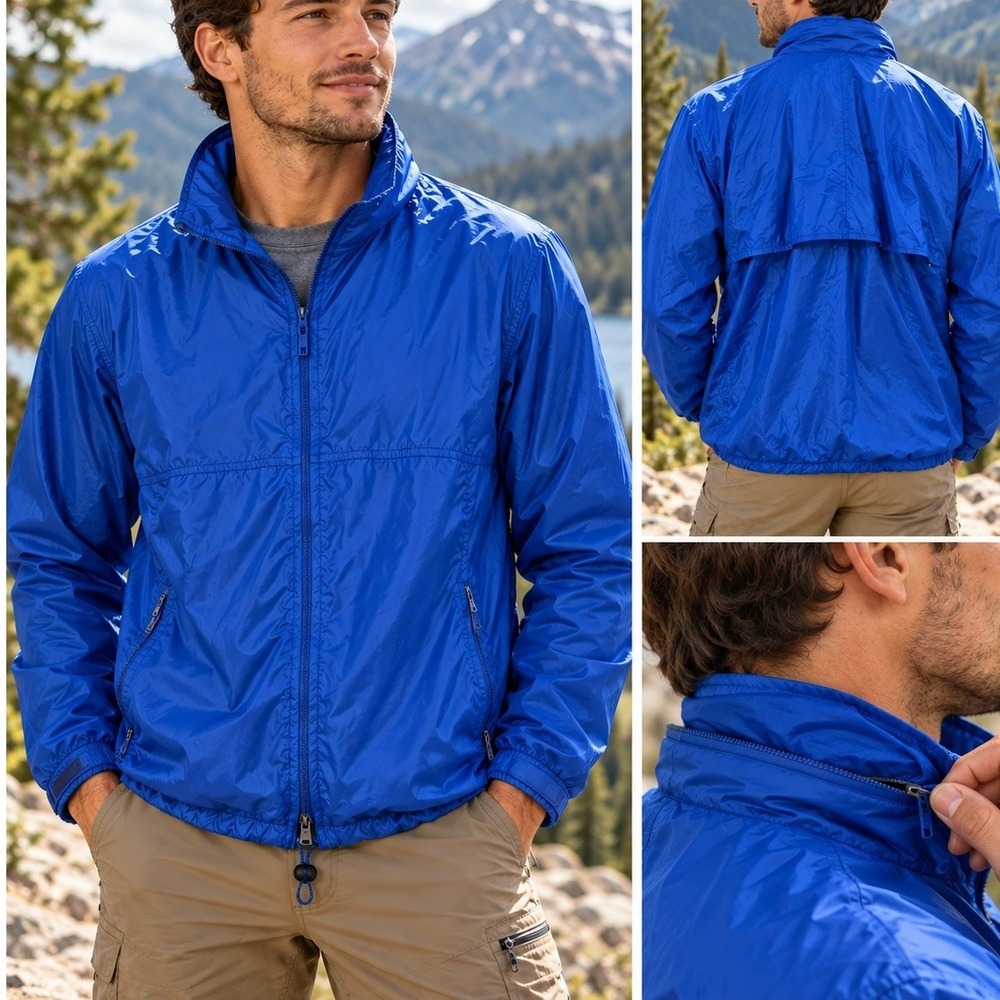 L.L. Bean Windbreaker Rain Jacket Blue Full Zip Packable Hood Vintage Gorpcore M